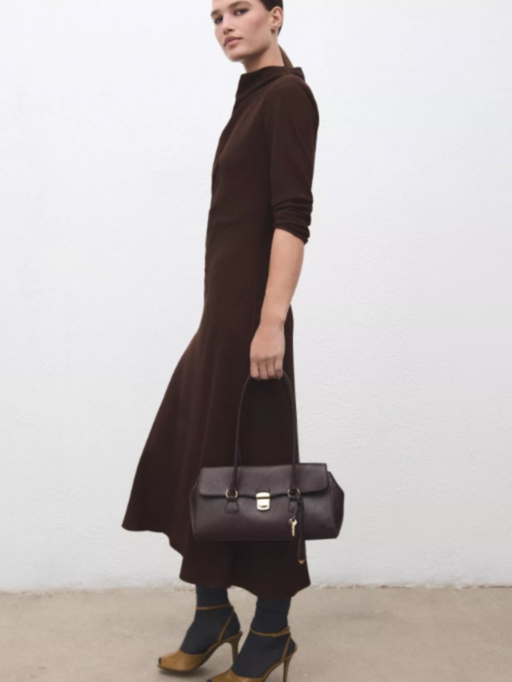 MANGO Caro Ruched Long Sleeve Chocolate Brown Midi Dress | S (US 4) | NWT